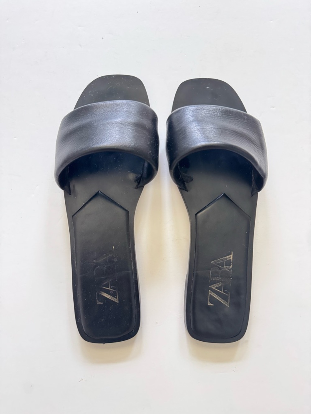 Zara Black Leather Wide-Band Slide Sandals size 39